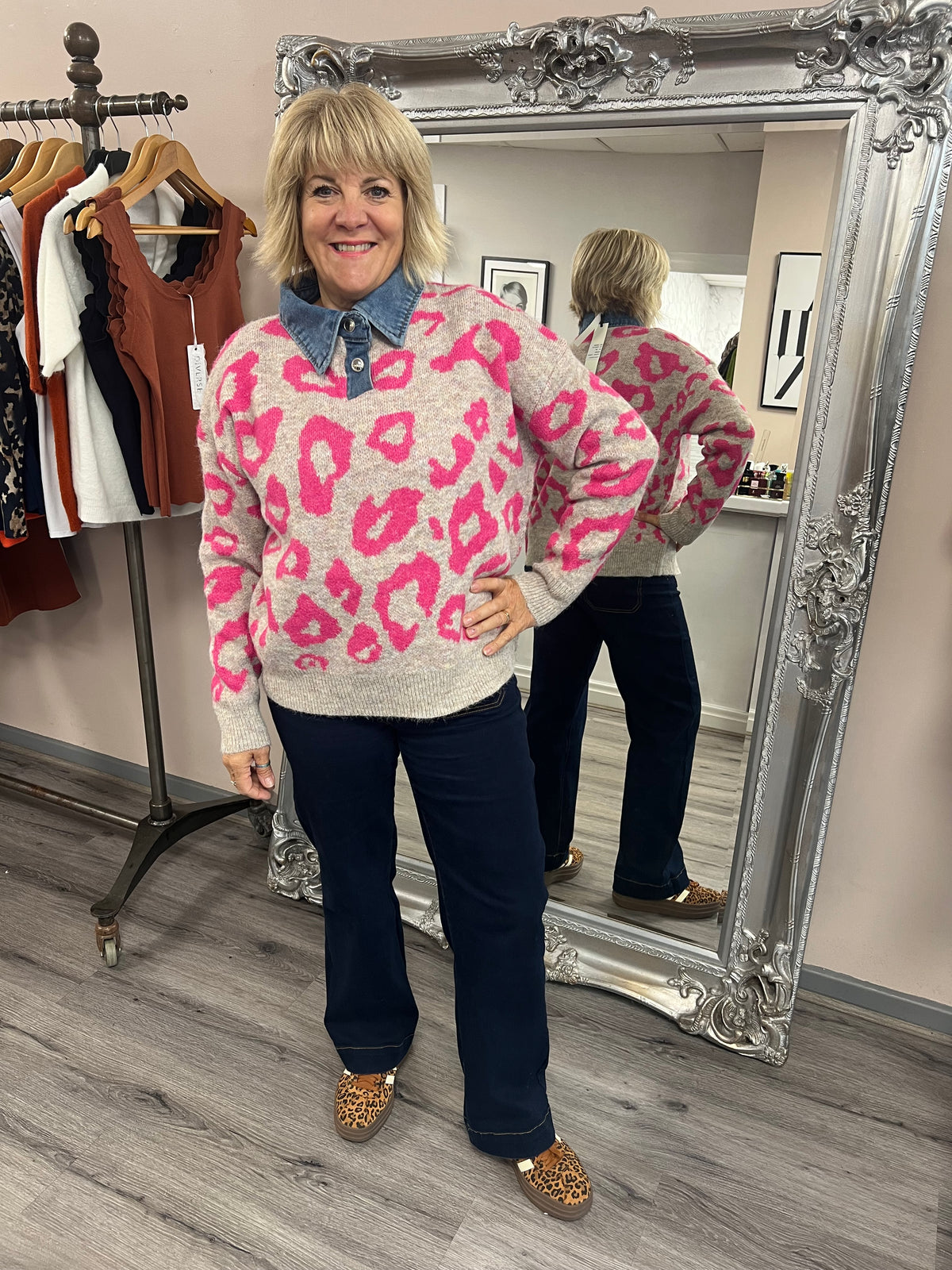 Denim Collar Leopard Knit