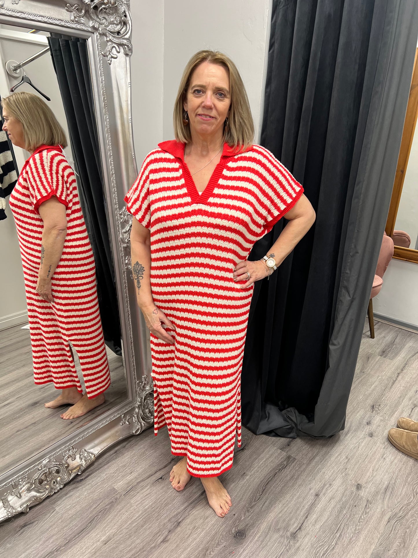 Crochet Stripe Dress - Red/Cream