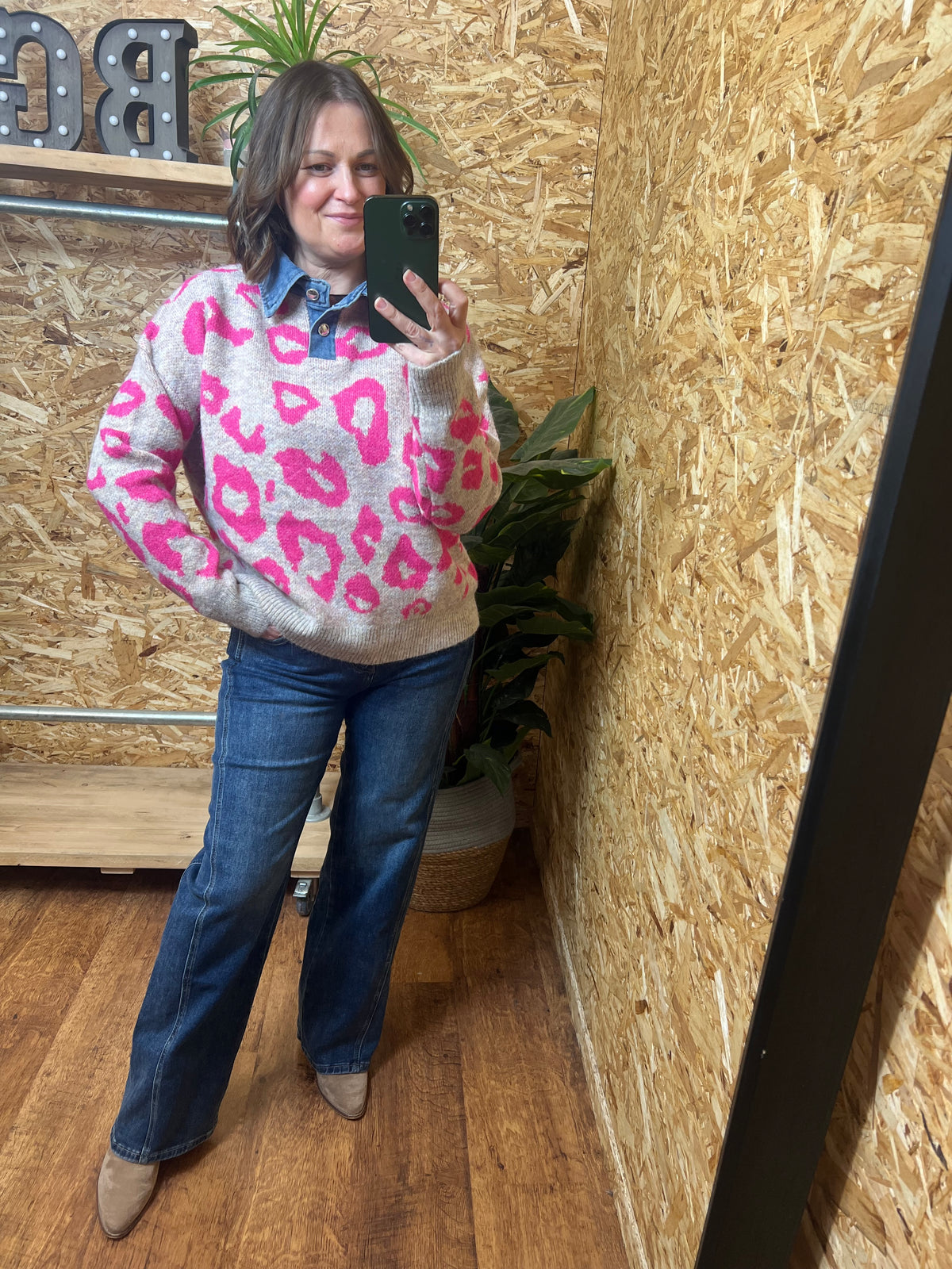 Denim Collar Leopard Knit