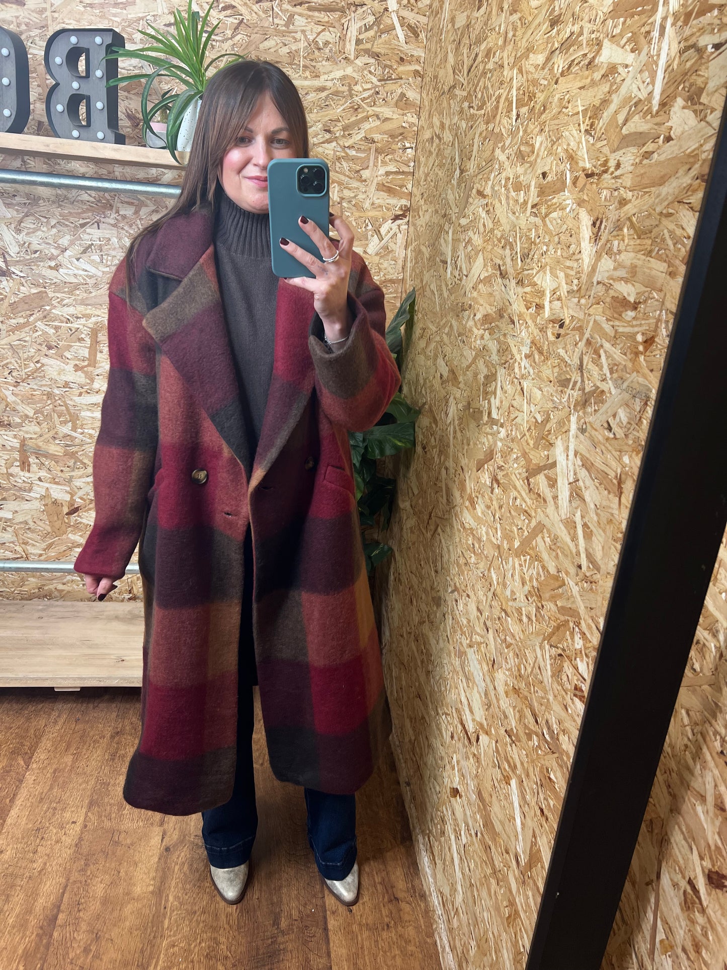 Checked Wool Coat Wine/Brown