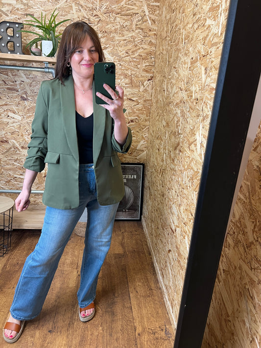 Khaki Ruched Sleeve Blazer