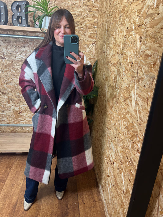 Checked Wool Coat Wine/Grey