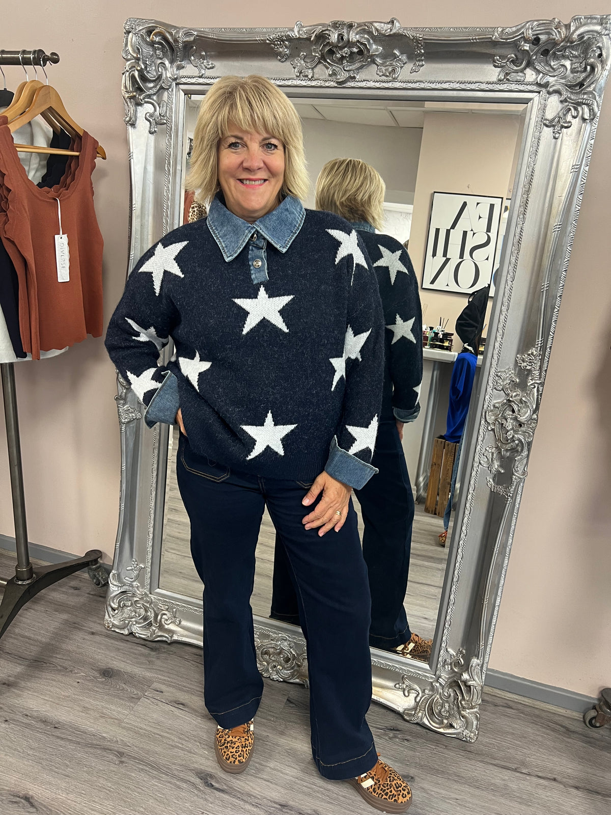 Denim Collar Star Sweatshirt