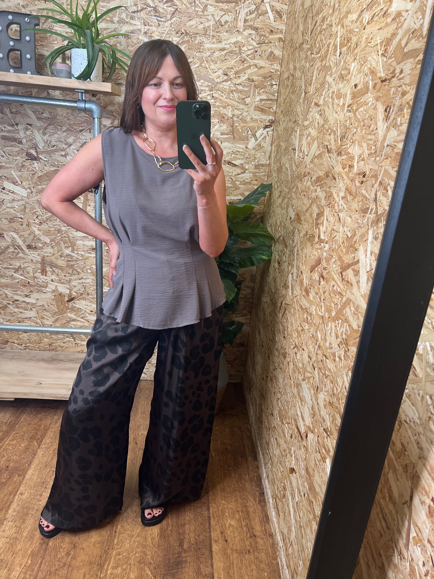 Silk Mix Leopard Trousers Chocolate