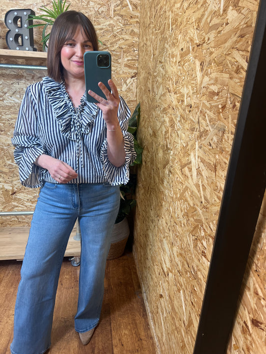 Navy Stripe Ruffle Shirt