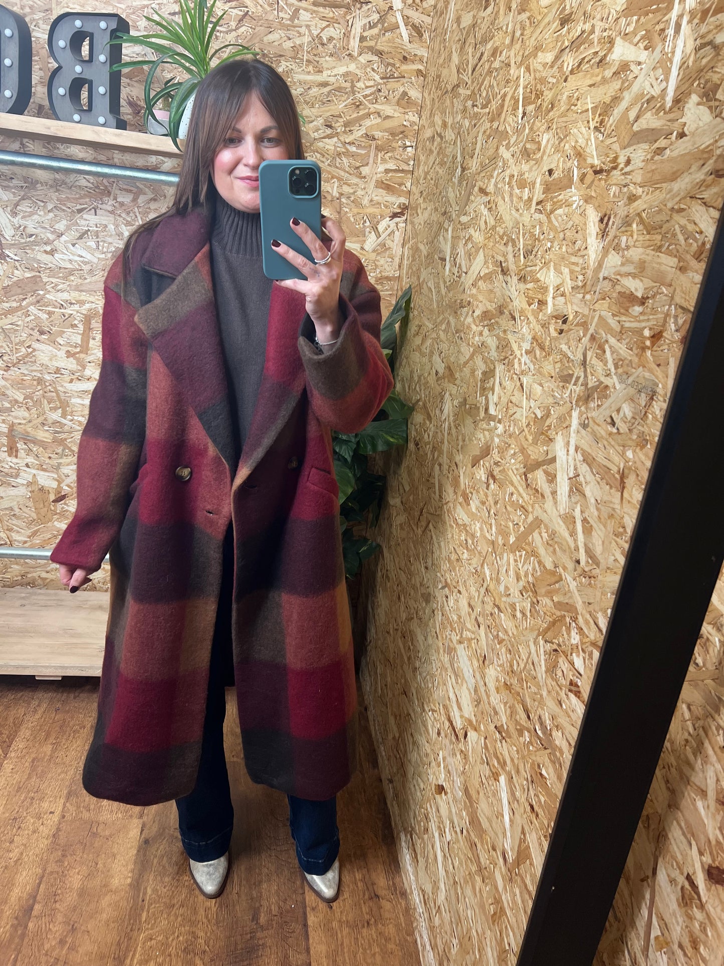 Checked Wool Coat Wine/Brown