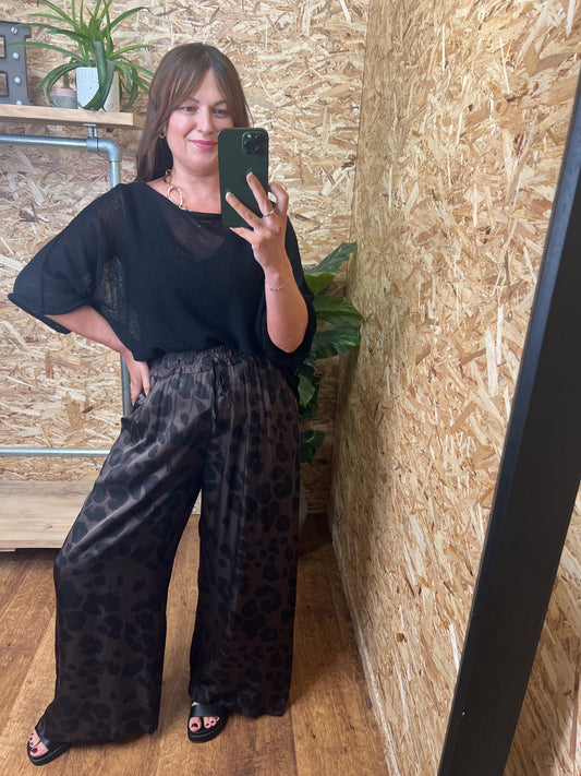 Silk Mix Leopard Trousers Chocolate