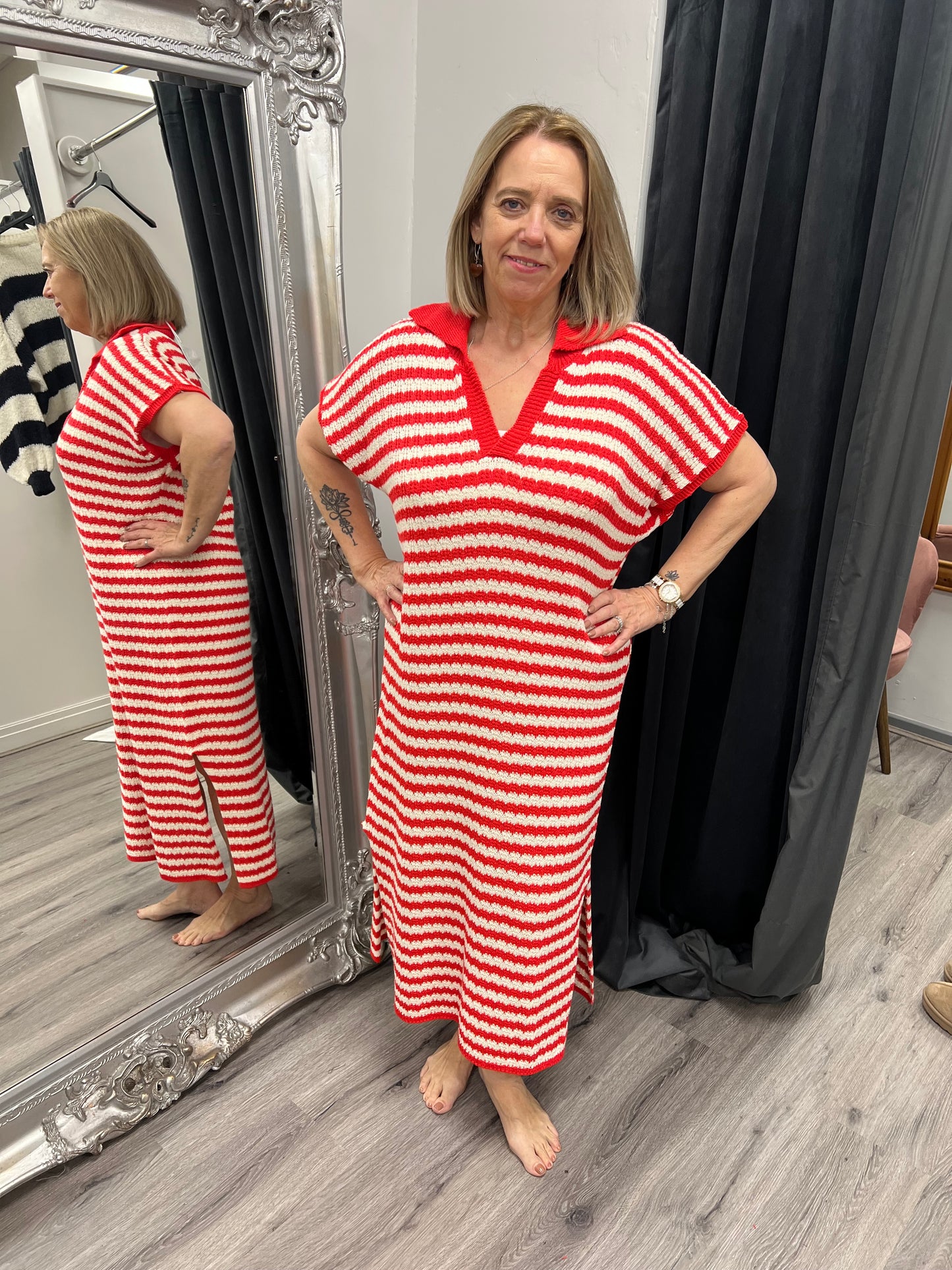 Crochet Stripe Dress - Red/Cream