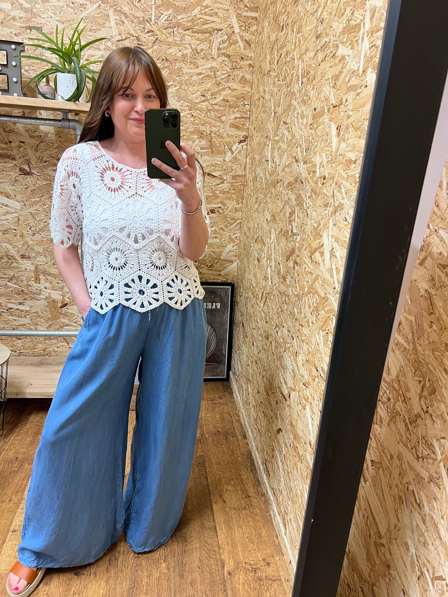 Chambray Denim Wide Leg Trousers