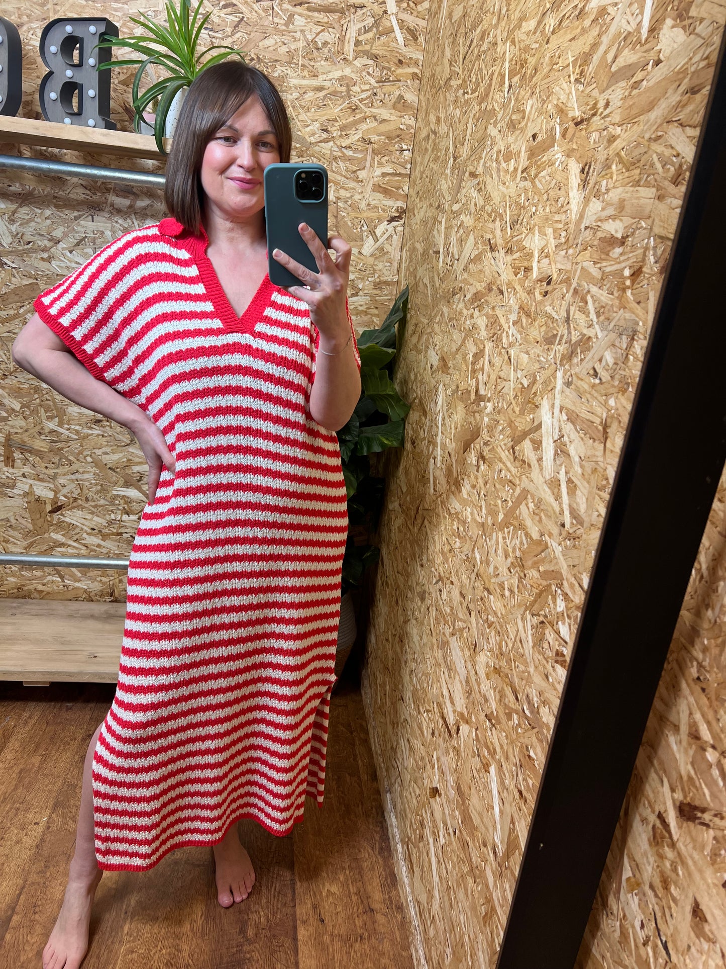 Crochet Stripe Dress - Red/Cream