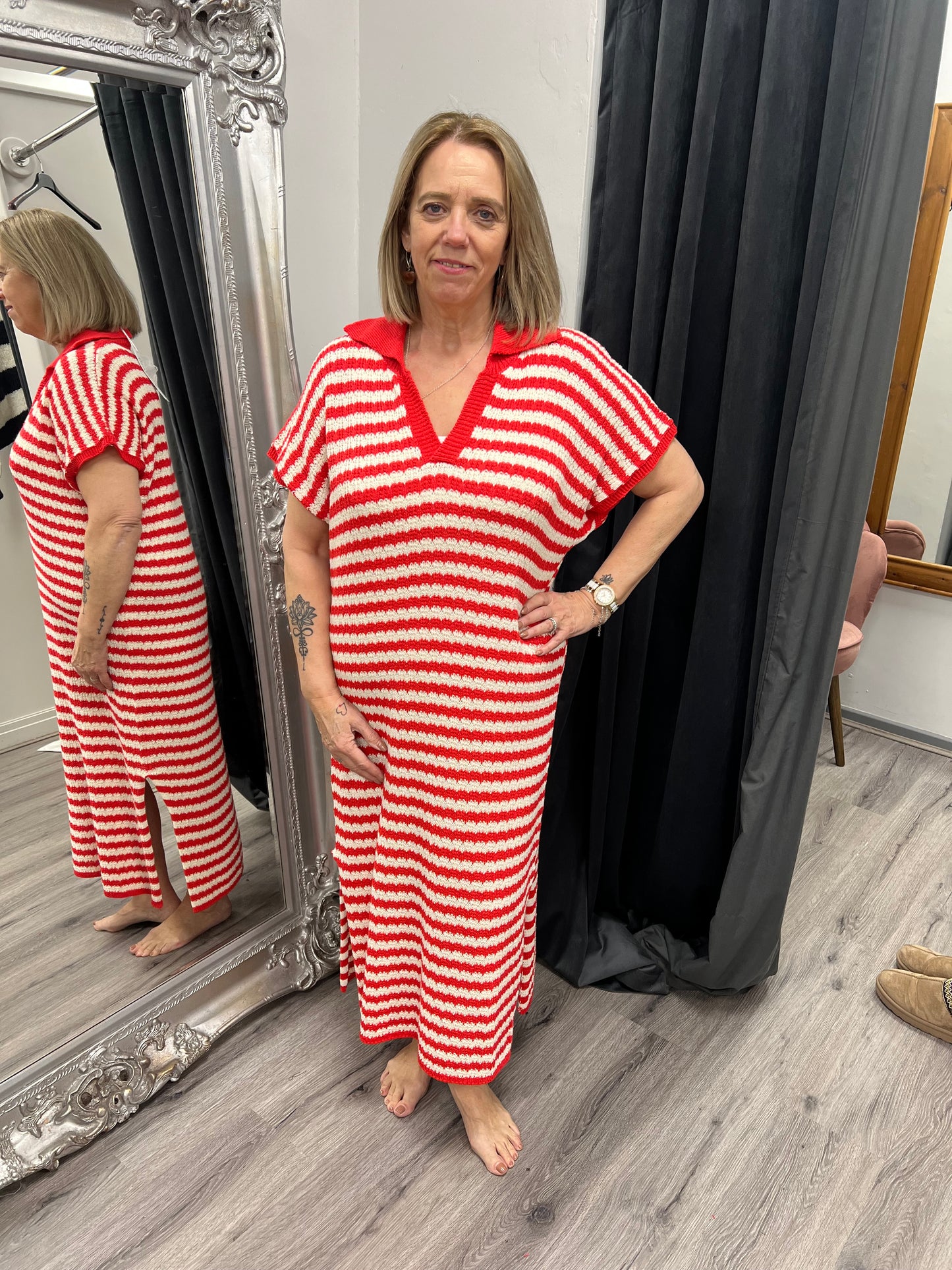 Crochet Stripe Dress - Red/Cream